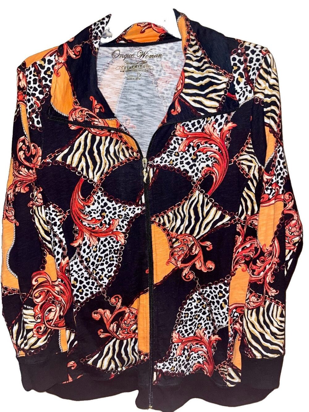 Onque Woman Element Of Style Orange Floral Long Sleeve Jacket Collared Sz 1X VTG